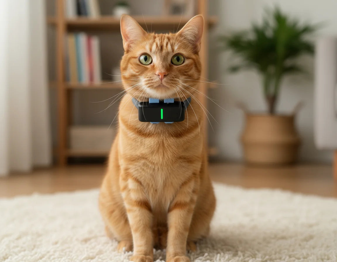 The cat is wearing a P02 GPS tracker.