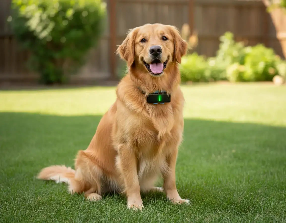 The dog is wearing a P02 GPS tracker.